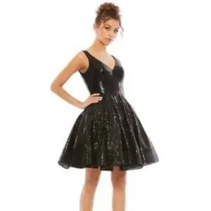 Mac Dugal Ieena. V Neck Fit & Flare Mini Dress Noir Sequin